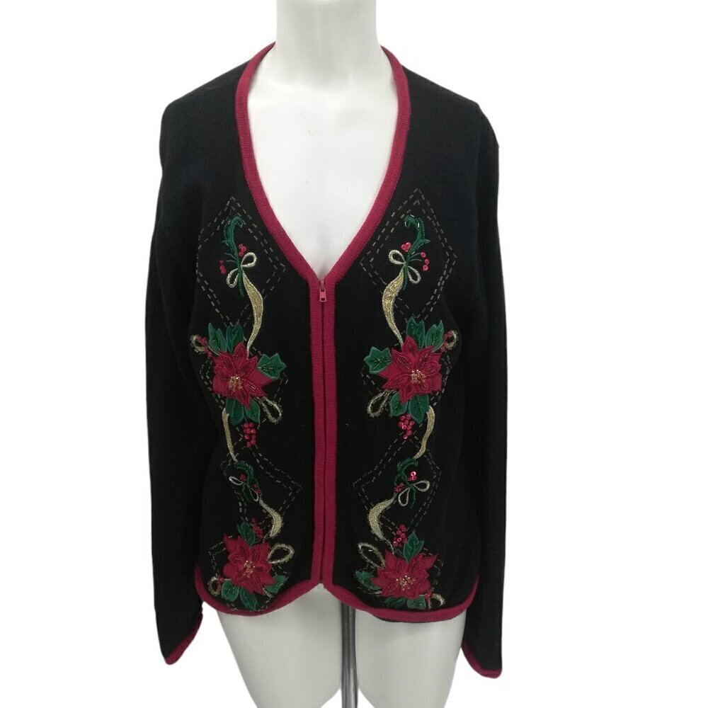 Heirloom Collectibles Christmas Beaded Embroidered Cardigan Sweater Size XL Zip